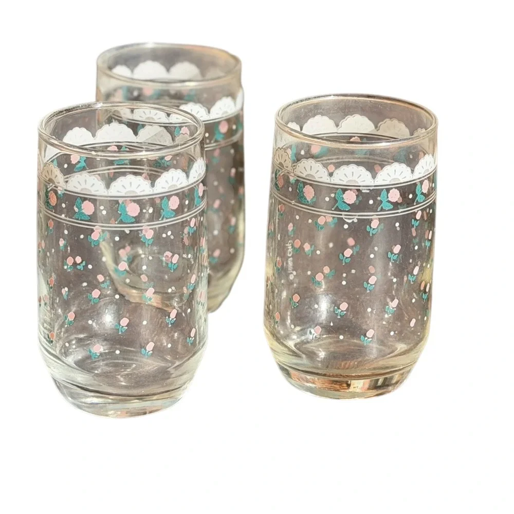 Vintage 1988 Victoriana Pink Rosebud Juice Glasses Set of 3 Floral Tumblers